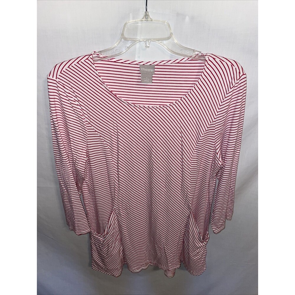 Chico’s Dress Blouse Women’s Size 1 U.S. Medium White Red Striped Pocket 3/4 Slv